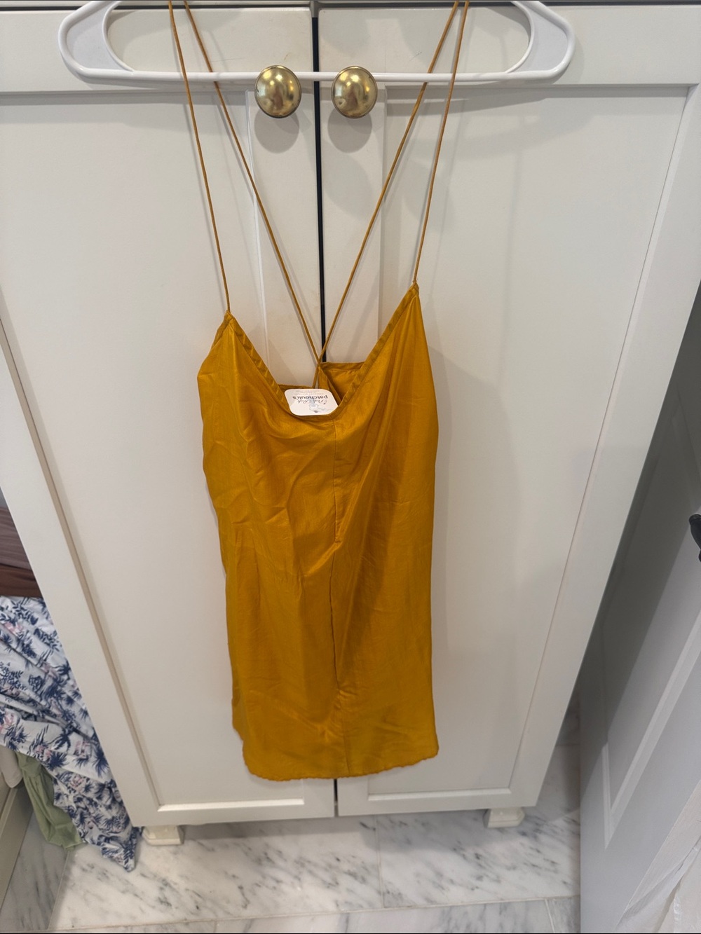 meraki Mustard Yellow Satin Mini Dress with Spaghetti Straps